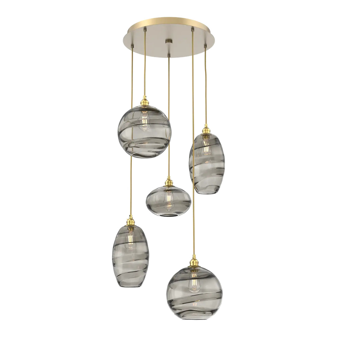 Misto Round Pendant Chandelier by Hammerton Studio 5 Lights in Gilded Brass with Smoke glass on adjustable cord