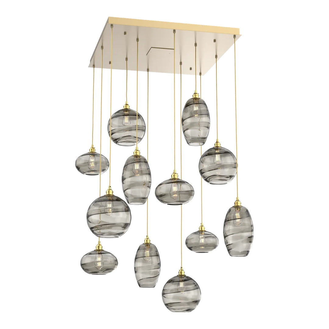 Misto Square Pendant Chandelier by Hammerton Studio 12 Lights in Gilded Brass with Smoke glass
