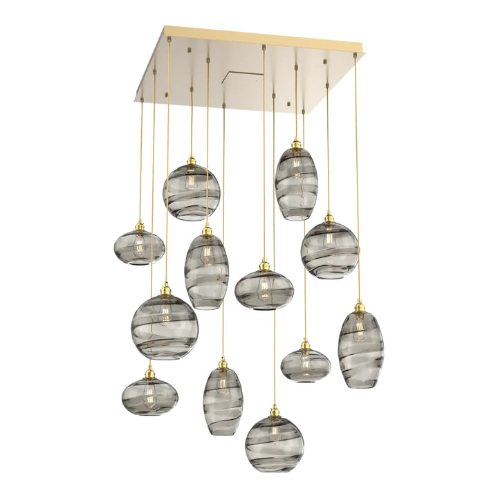 Misto Square Pendant Chandelier by Hammerton Studio 12 Lights in Gilded Brass with Smoke glass