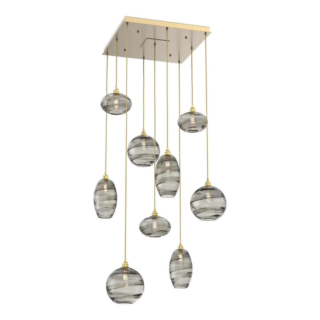 Misto Square Pendant Chandelier by Hammerton Studio 9 Lights in Gilded Brass with Smoke glass