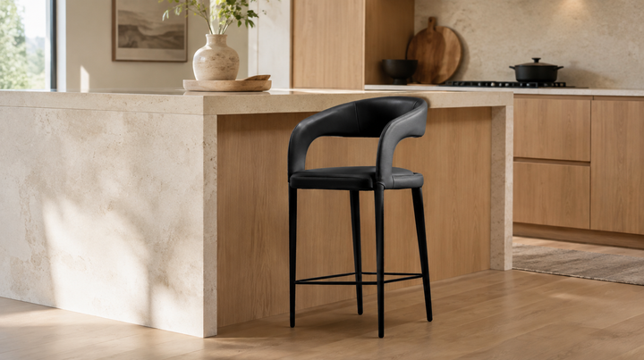 Mobital Avalon Counter Stool in black leather at a modern kitchen island