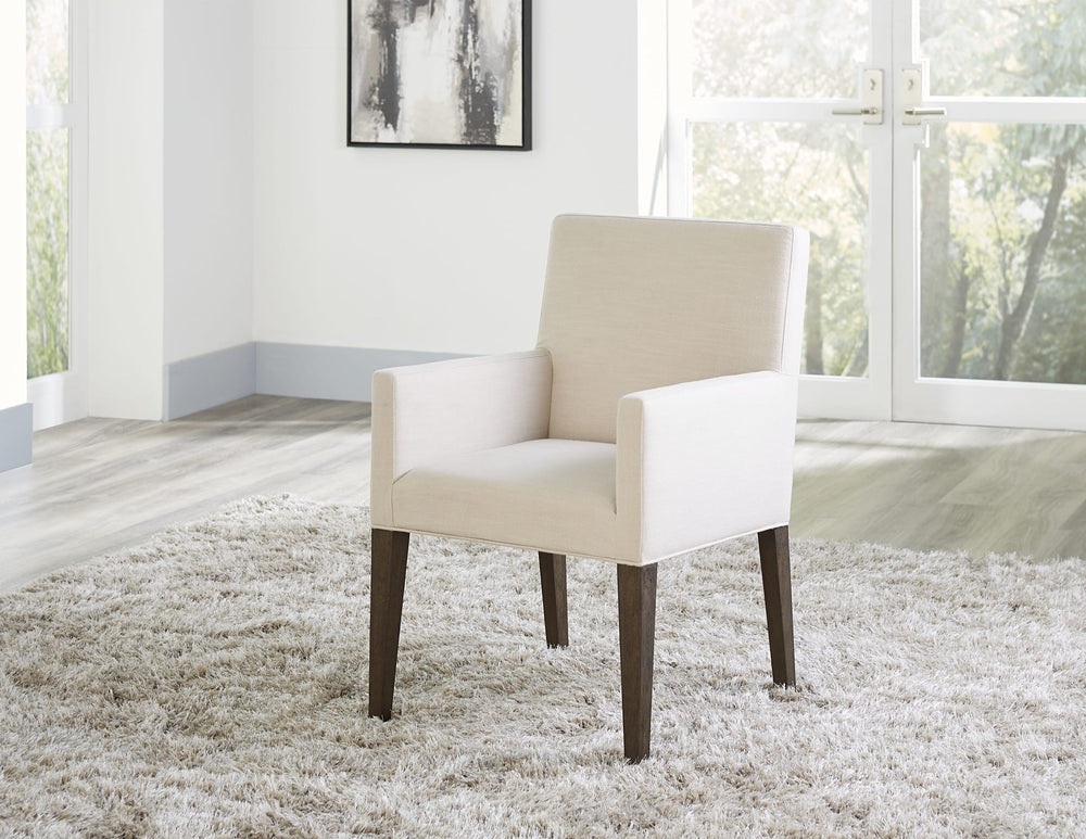 Modesto Upholstered Arm Chair in Abalone Linen and French Roast — lifestyle photo
