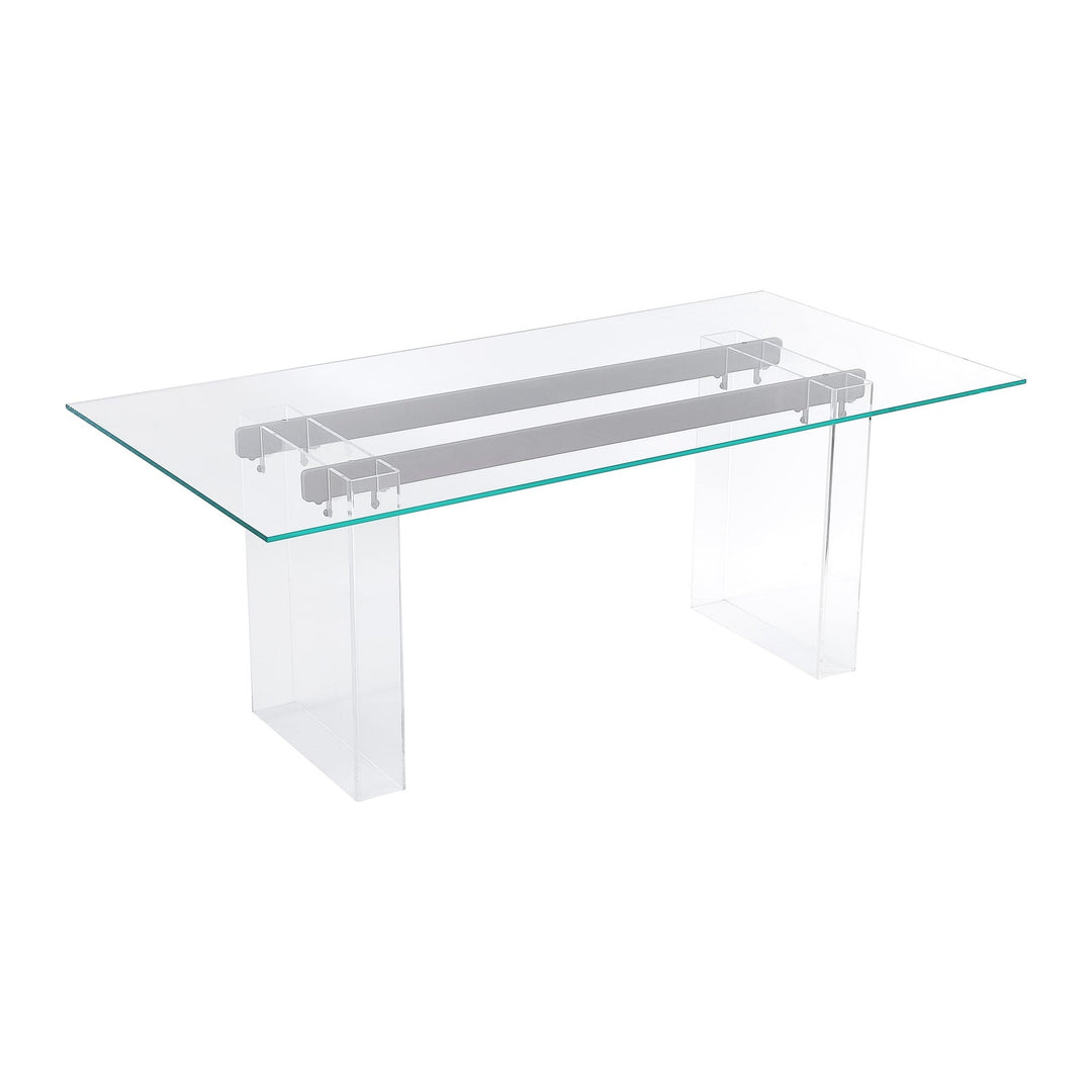 Moorea Double Pedestal Rectangular Dining Table by Modus in Clear Acrylic, Glass and Bronze Metal — product view on a white background