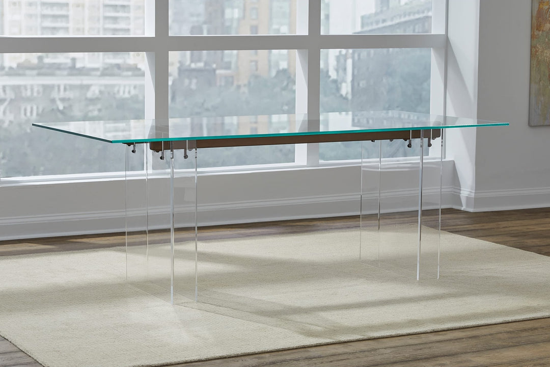 Moorea Double Pedestal Rectangular Dining Table in Clear Acrylic, Glass and Bronze Metal — lifestyle photo