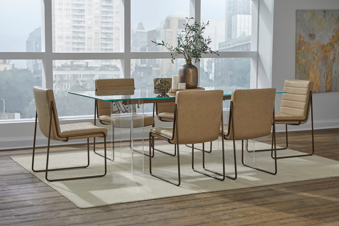 Moorea Double Pedestal Rectangular Dining Table in Clear Acrylic, Glass and Bronze Metal — lifestyle photo