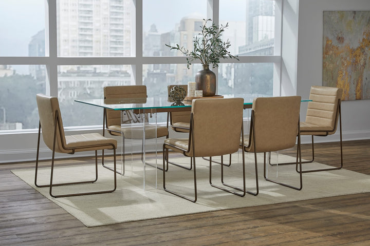 Moorea Double Pedestal Rectangular Dining Table in Clear Acrylic, Glass and Bronze Metal — lifestyle photo