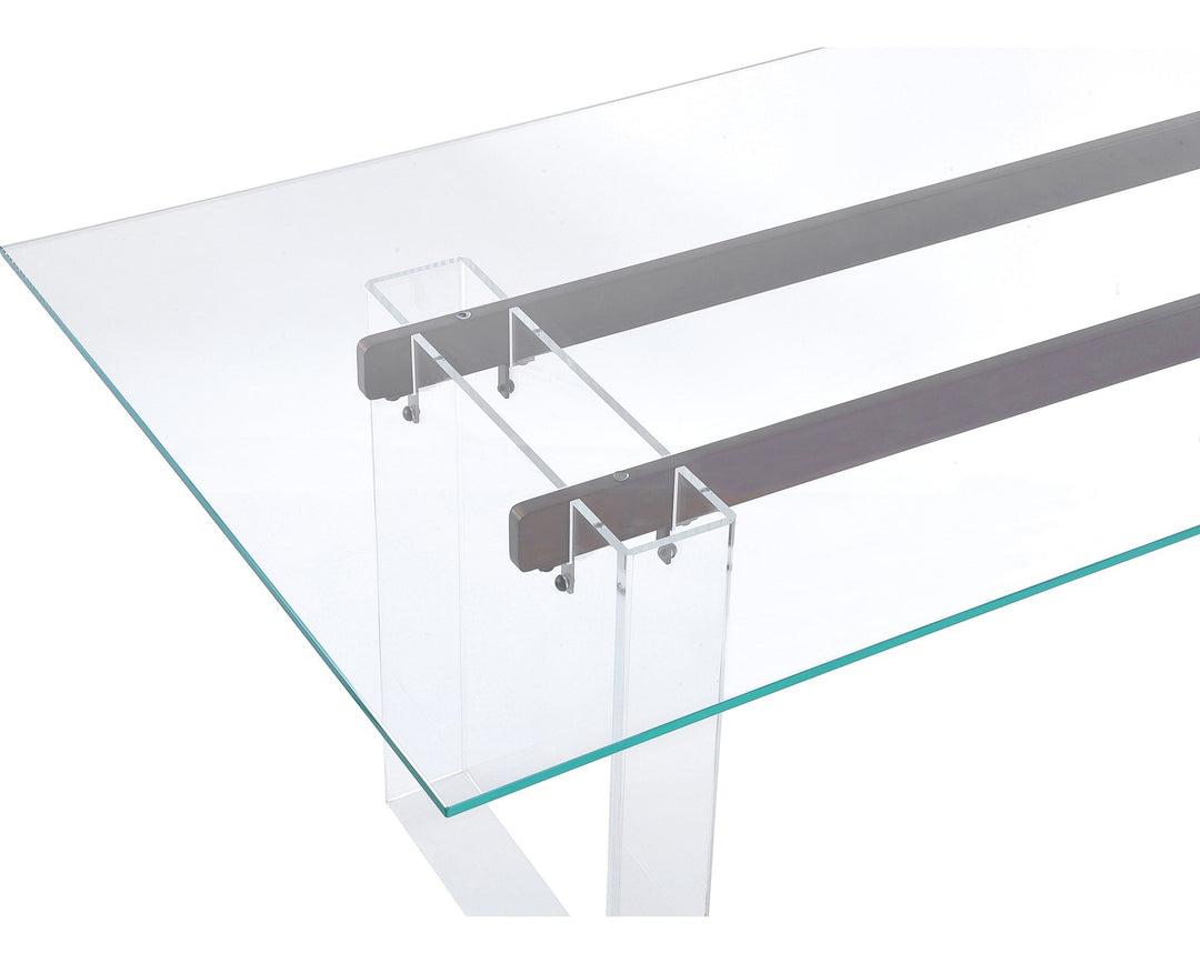 Moorea Double Pedestal Rectangular Dining Table in Clear Acrylic, Glass and Bronze Metal — product view on a white background
