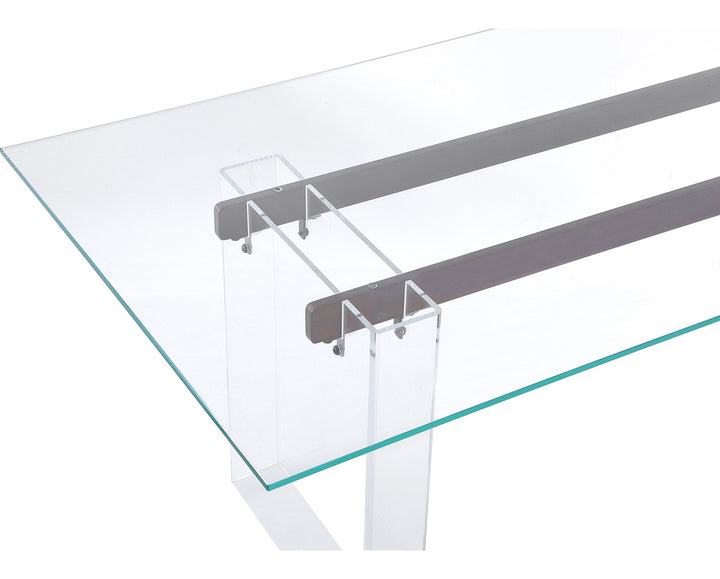 Moorea Double Pedestal Rectangular Dining Table in Clear Acrylic, Glass and Bronze Metal — product view on a white background