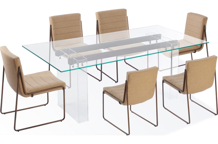 Moorea Double Pedestal Rectangular Dining Table in Clear Acrylic, Glass and Bronze Metal — product view on a white background