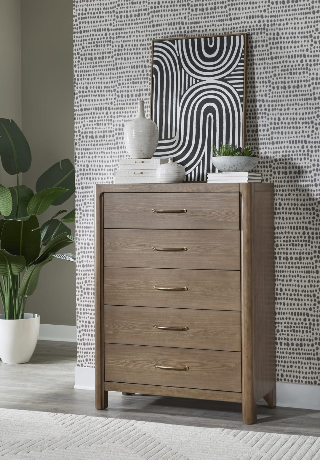 Morris Five Drawer Chest in Claystone — styled in a room