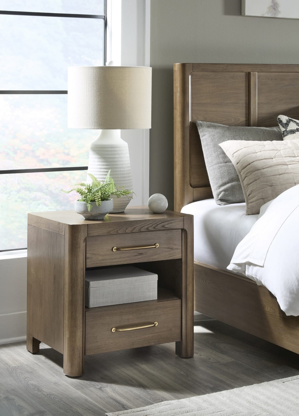 Morris Open Nightstand with LED in Claystone — in a bedroom setting