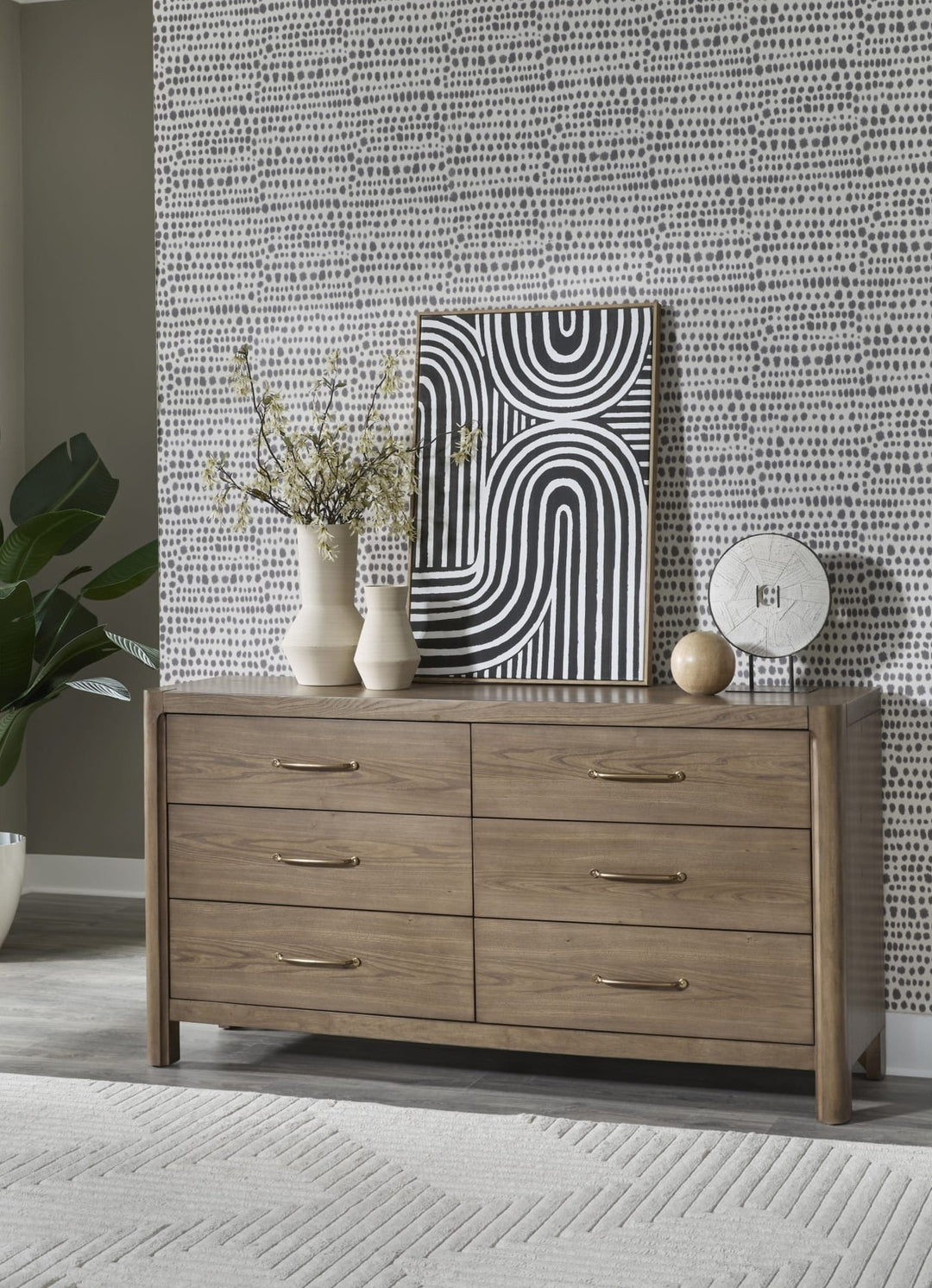 Morris Six Drawer Dresser in Claystone — styled in a room