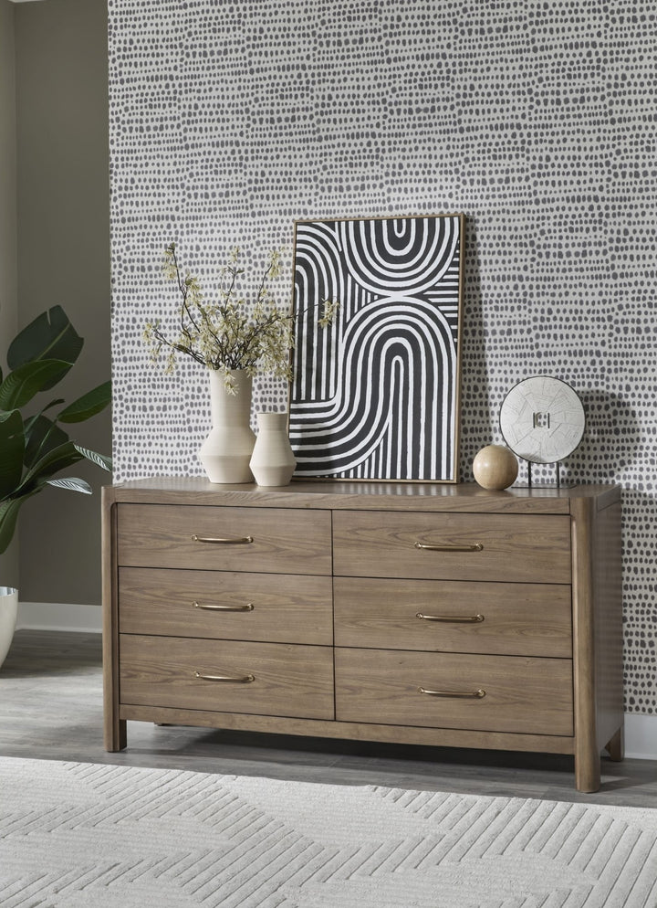 Morris Six Drawer Dresser in Claystone — styled in a room