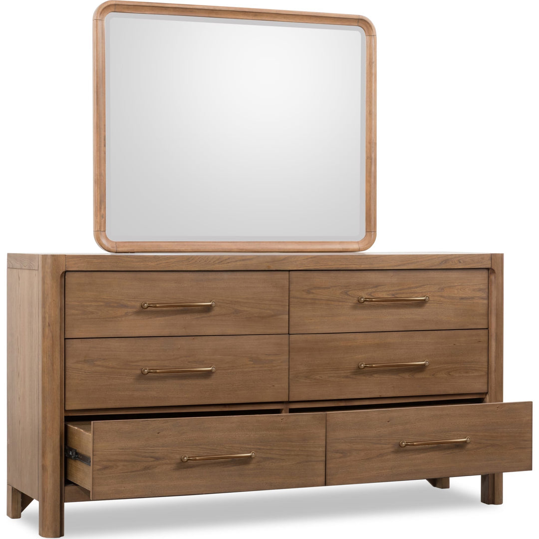 Morris Six Drawer Dresser in Claystone — with drawers open, shown with the matching mirror (sold separately)