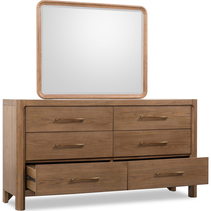 Morris Six Drawer Dresser in Claystone — with drawers open, shown with the matching mirror (sold separately)