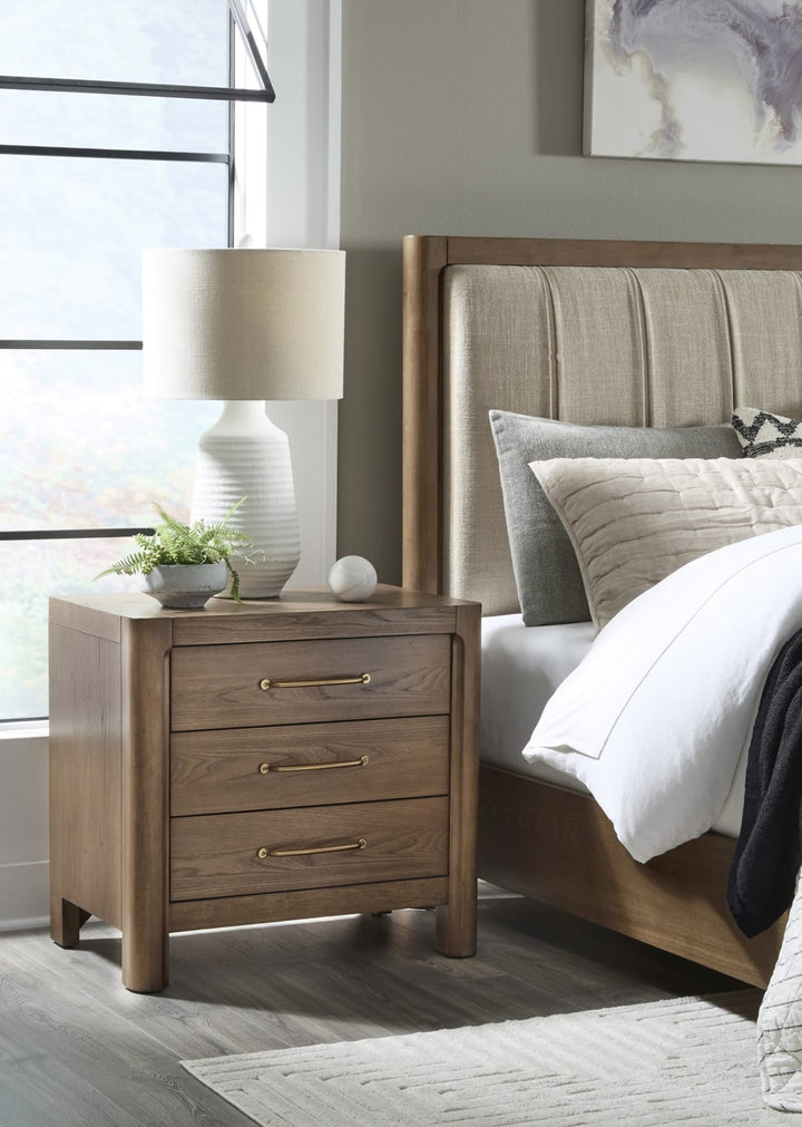 Morris Three Drawer Nightstand in Claystone — in a bedroom setting