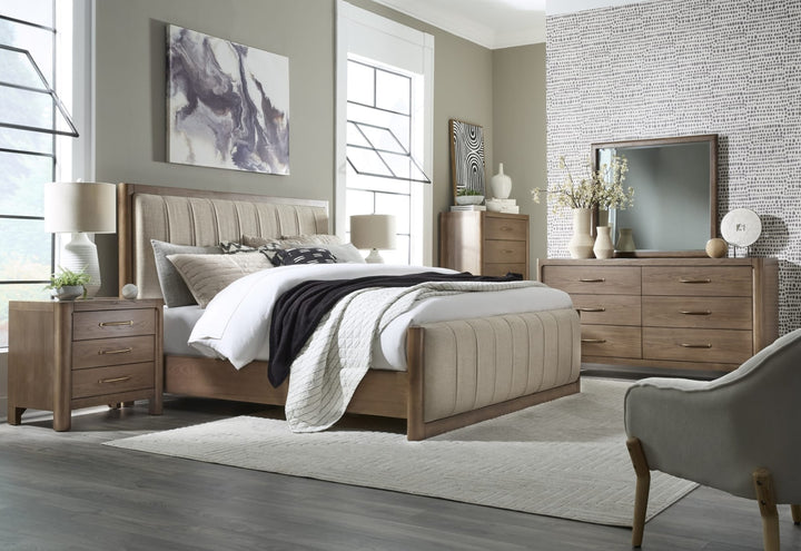 Morris Three Drawer Nightstand in Claystone — in a bedroom setting