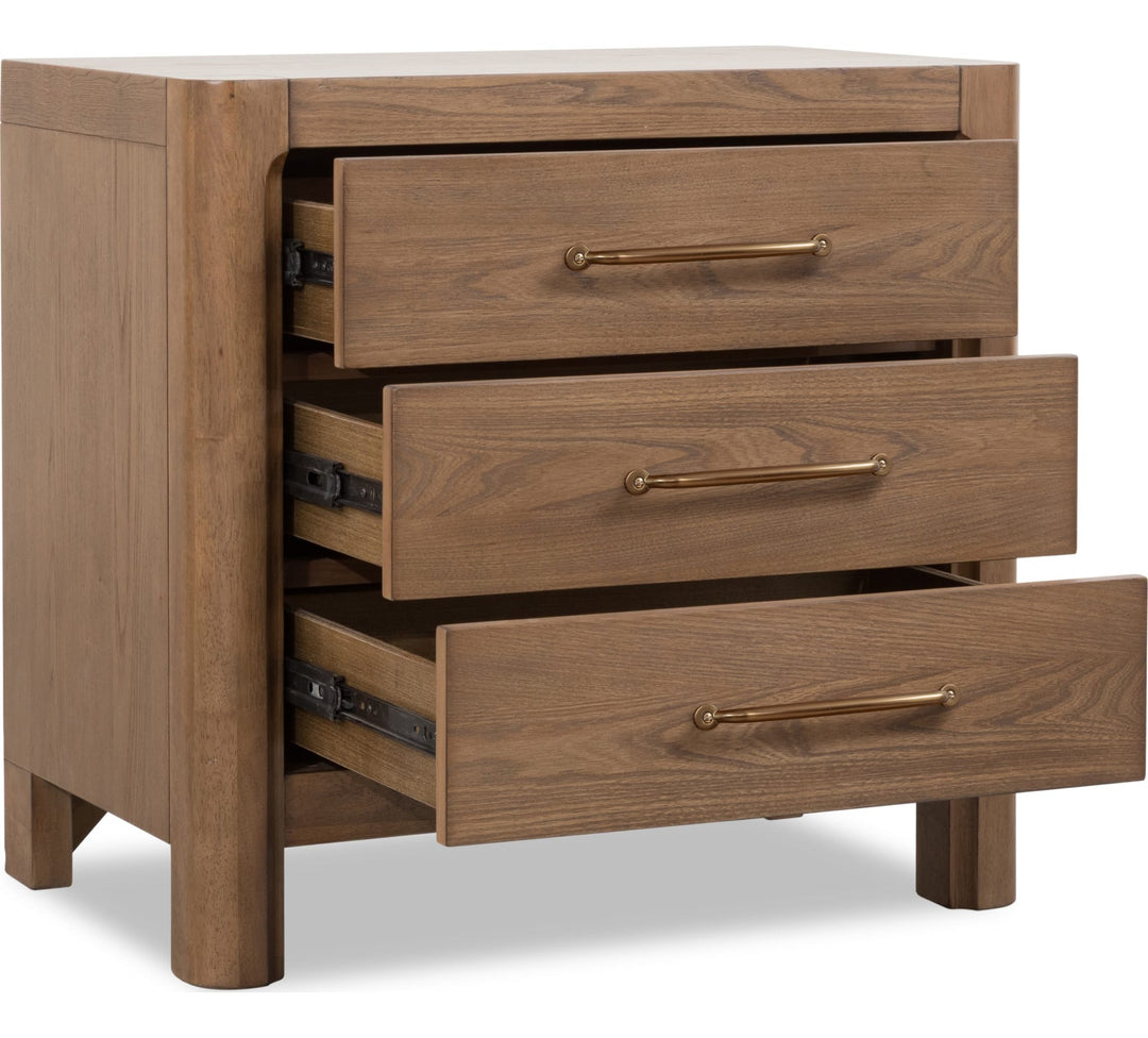 Morris Three Drawer Nightstand in Claystone — with drawers open