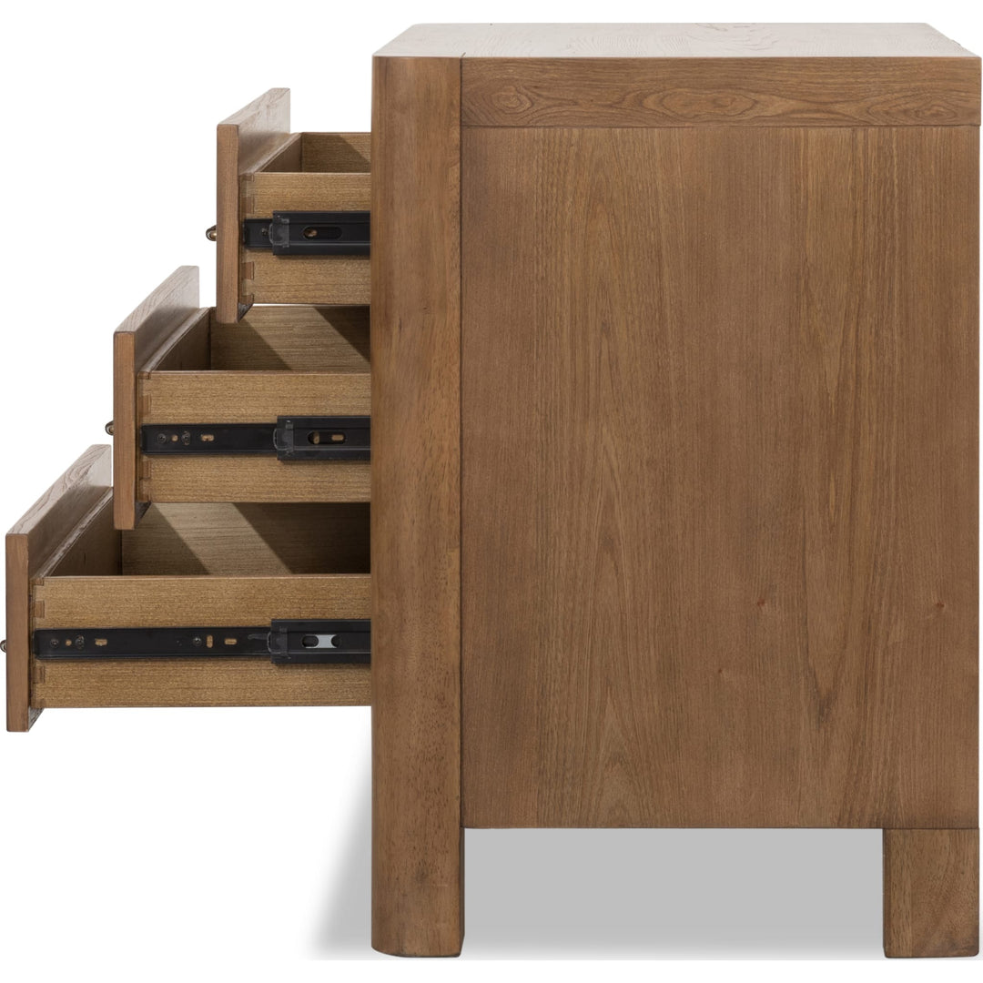 Morris Three Drawer Nightstand in Claystone — with drawers open