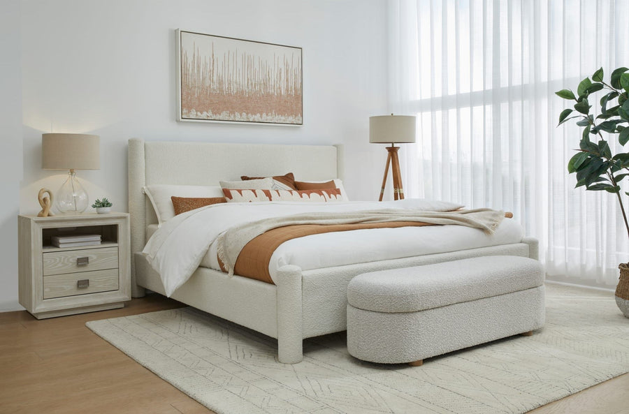 Modus Burke upholstered platform bed with bench in a bright bedroom