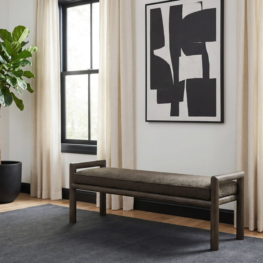 Modus Dorsey boucle upholstered bench in a bedroom