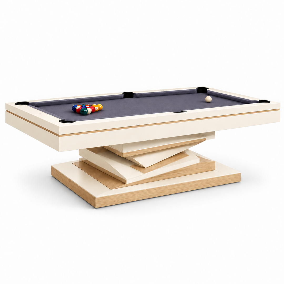 Neavio Slate &amp; Ivory rendered preview: ivory frame, pale oak accent finish and supplier Academy Blue felt on white