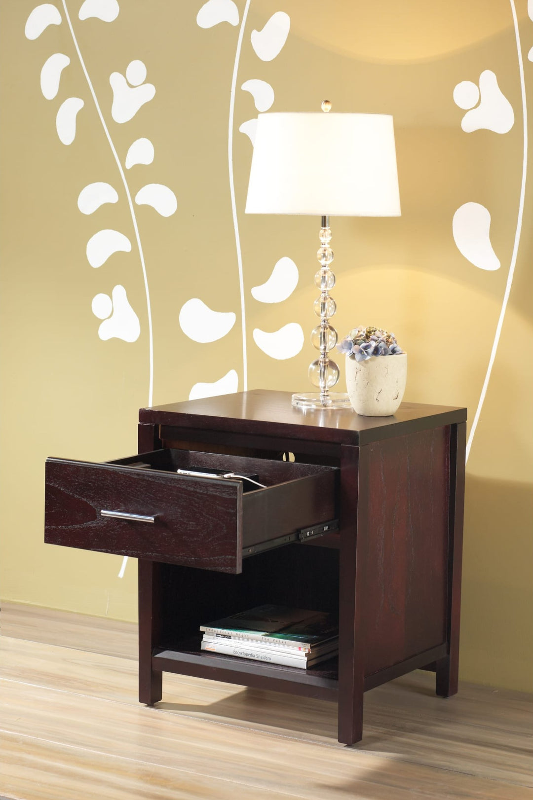 Nevis Charging Station Nightstand in Espresso — styled in a room