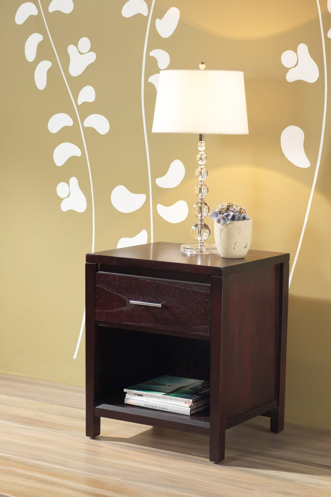 Nevis Charging Station Nightstand in Espresso — styled in a room