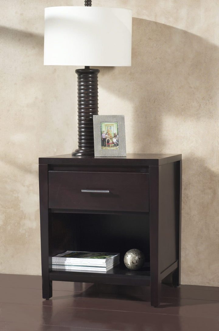 Nevis Charging Station Nightstand in Espresso — styled in a room