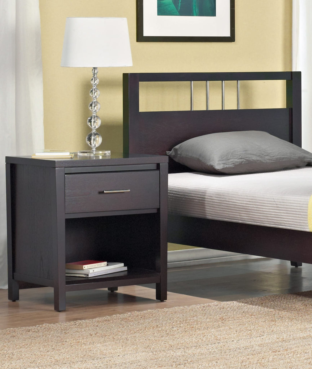 Nevis Charging Station Nightstand in Espresso — in a bedroom setting