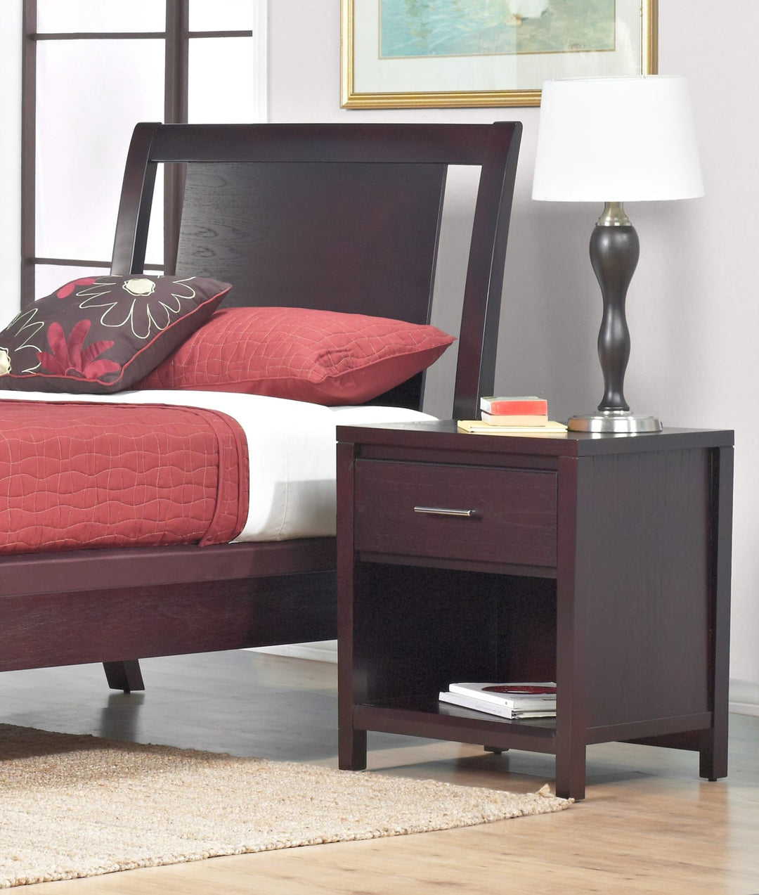 Nevis Charging Station Nightstand in Espresso — in a bedroom setting