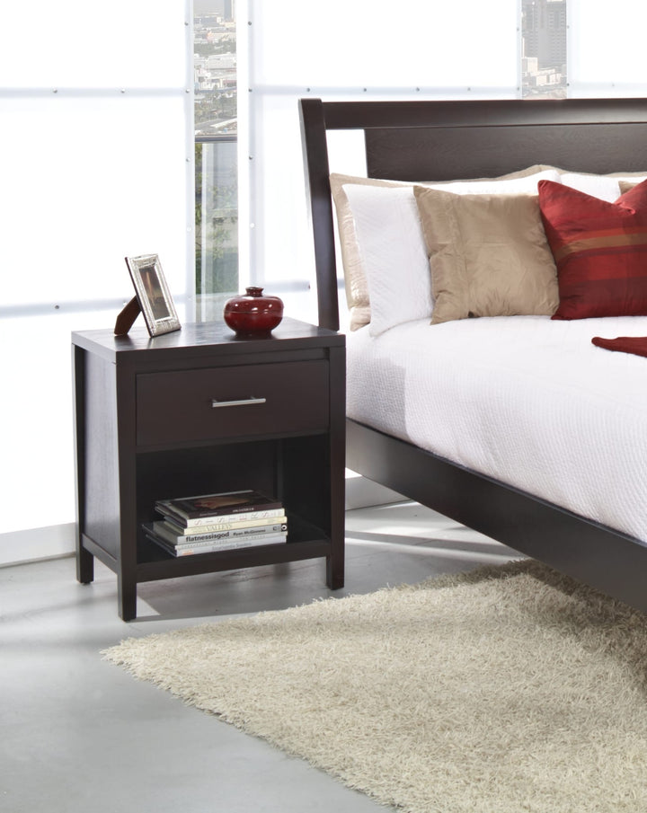 Nevis Charging Station Nightstand in Espresso — in a bedroom setting