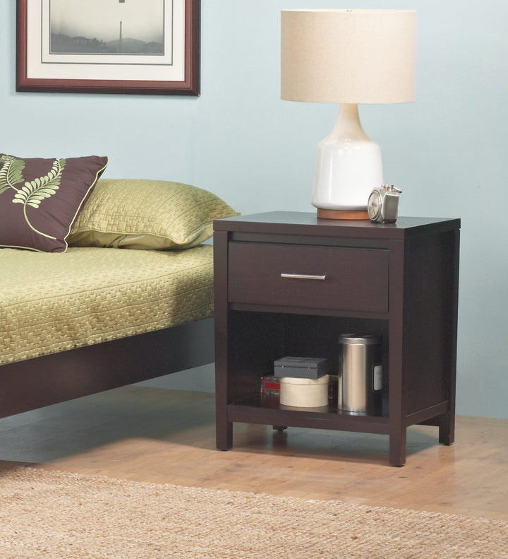 Nevis Charging Station Nightstand in Espresso — in a bedroom setting