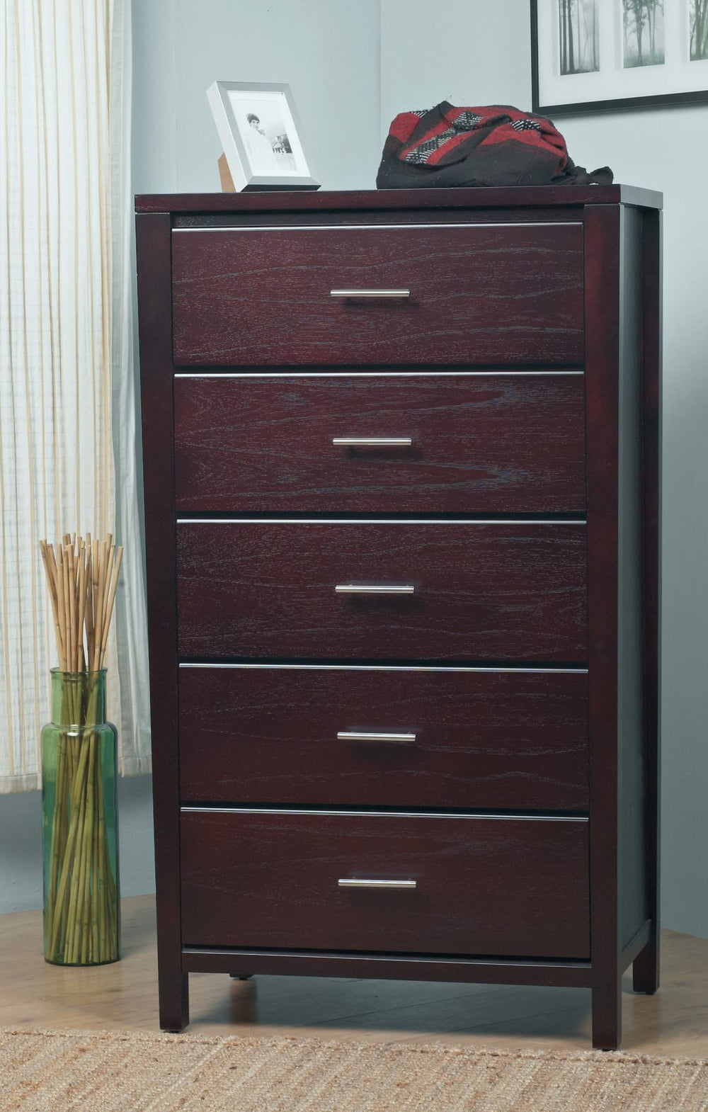 Nevis Five Drawer Chest in Espresso — styled in a room