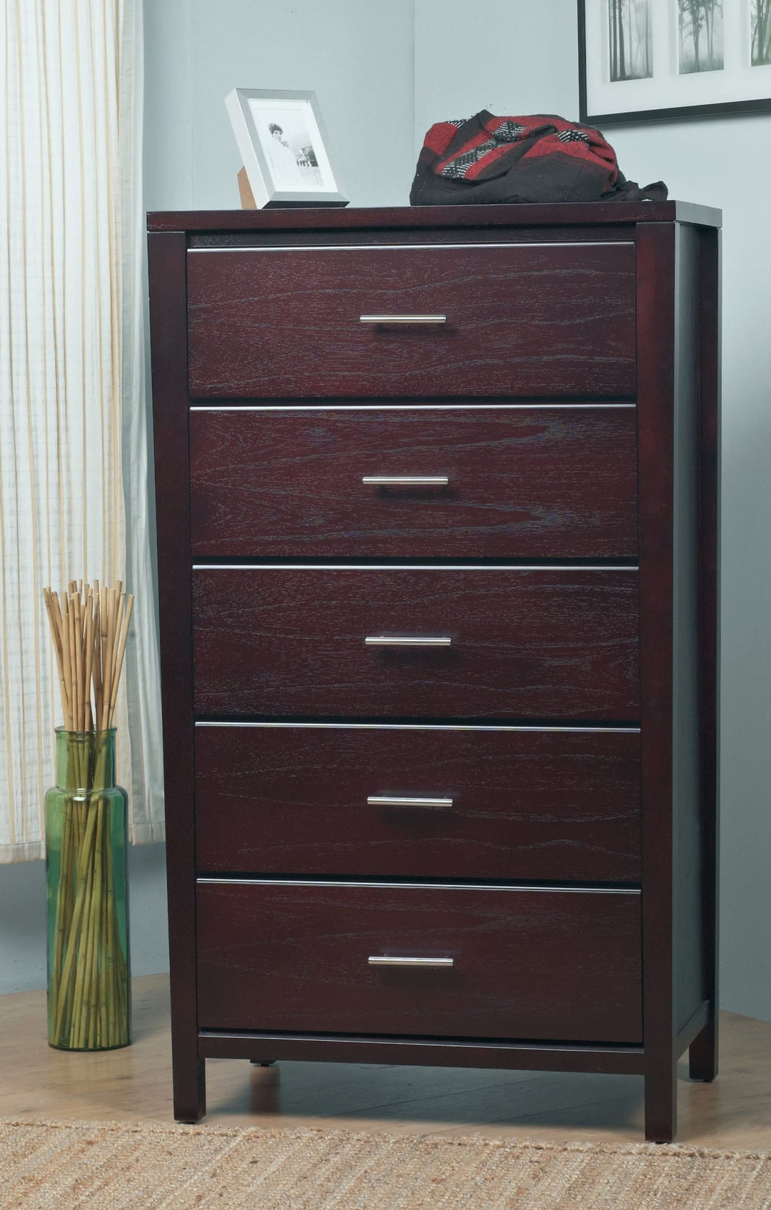Nevis Five Drawer Chest in Espresso — styled in a room