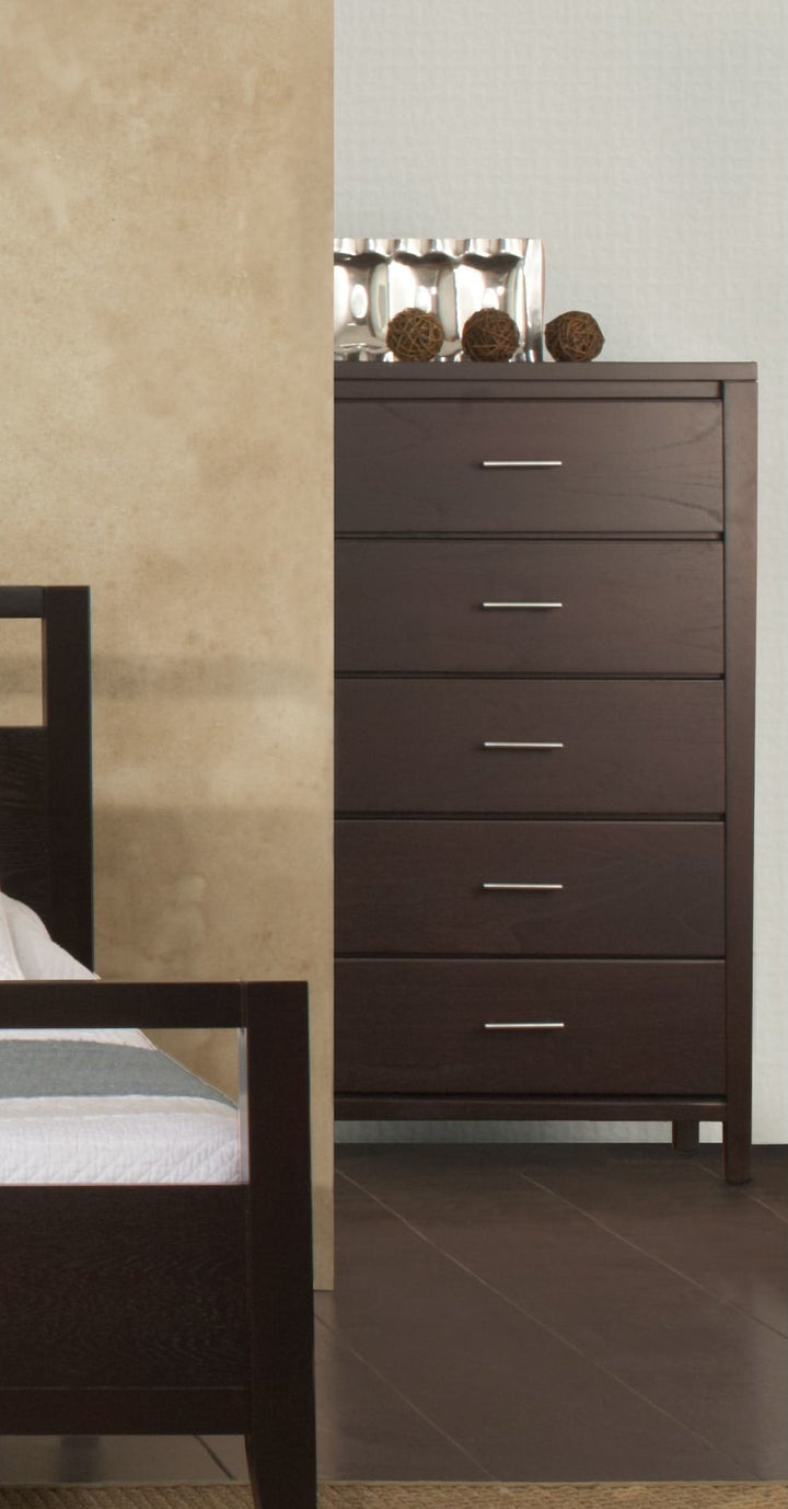 Nevis Five Drawer Chest in Espresso — styled in a room