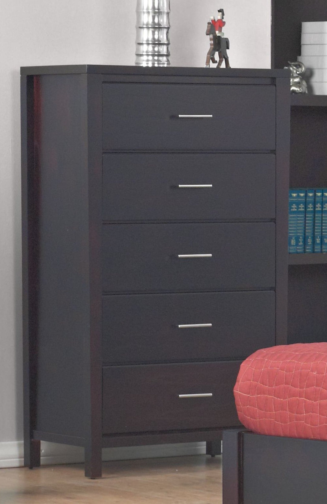 Nevis Five Drawer Chest in Espresso — styled in a room