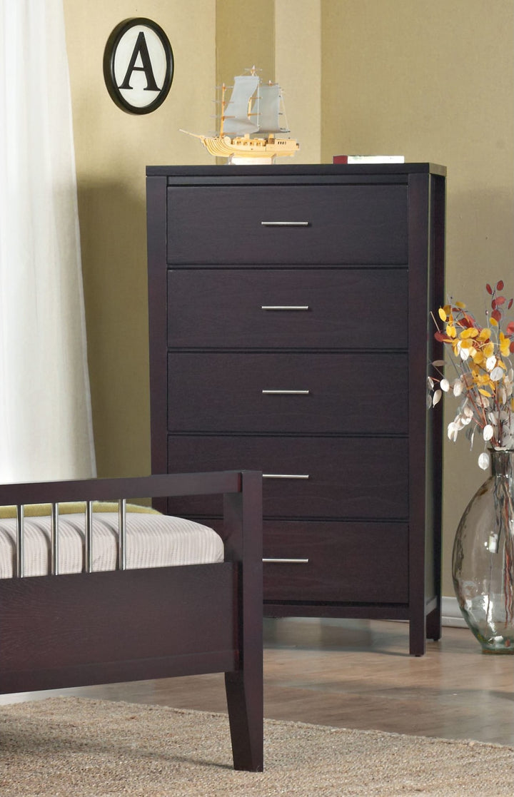 Nevis Five Drawer Chest in Espresso — styled in a room