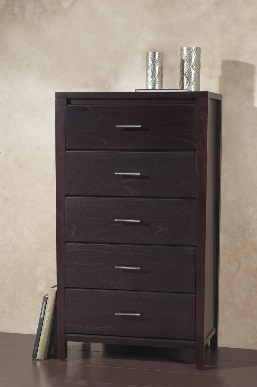 Nevis Five Drawer Chest in Espresso — styled in a room