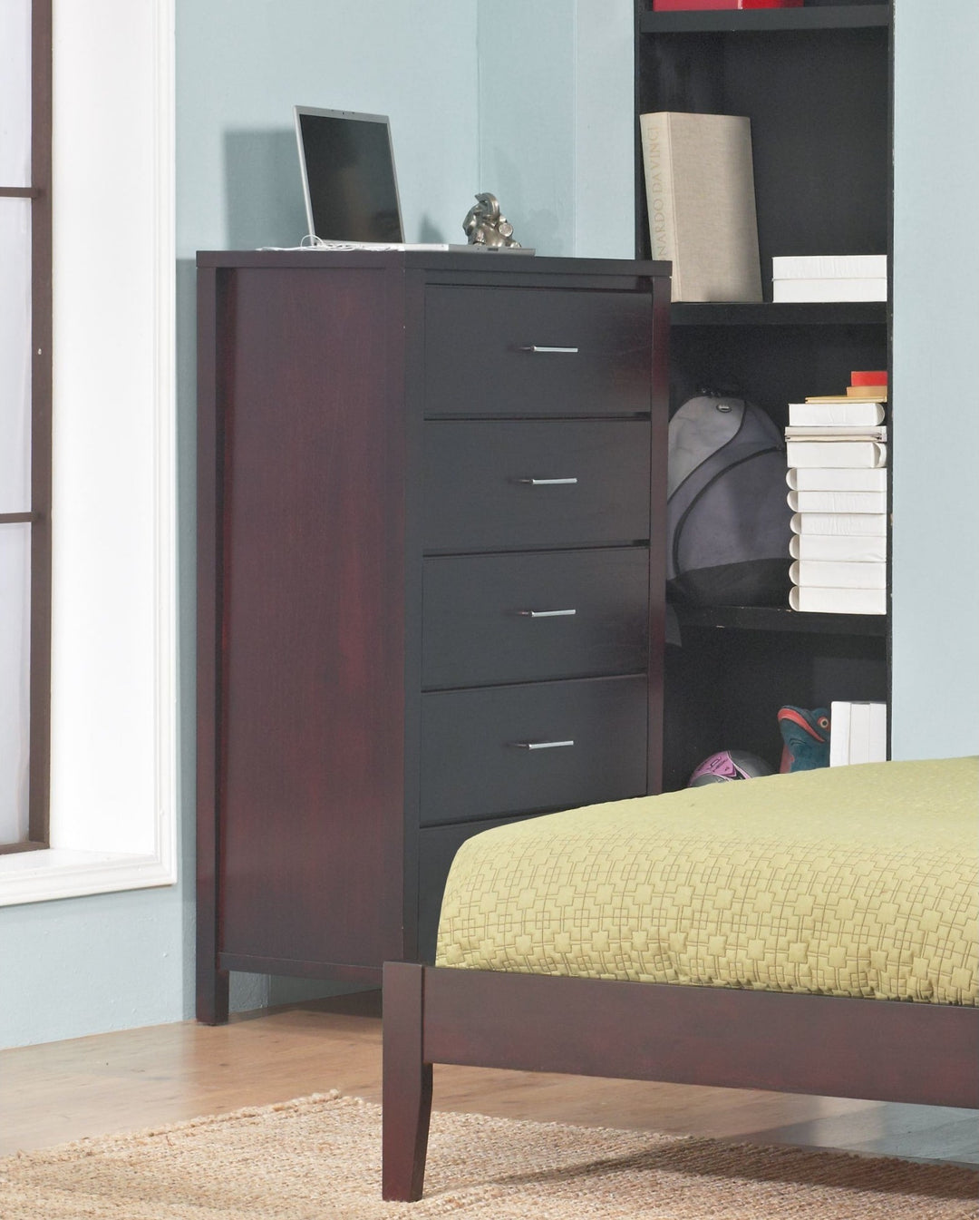 Nevis Five Drawer Chest in Espresso — styled in a room