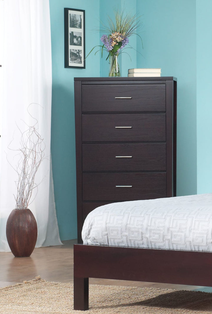 Nevis Five Drawer Chest in Espresso — styled in a room
