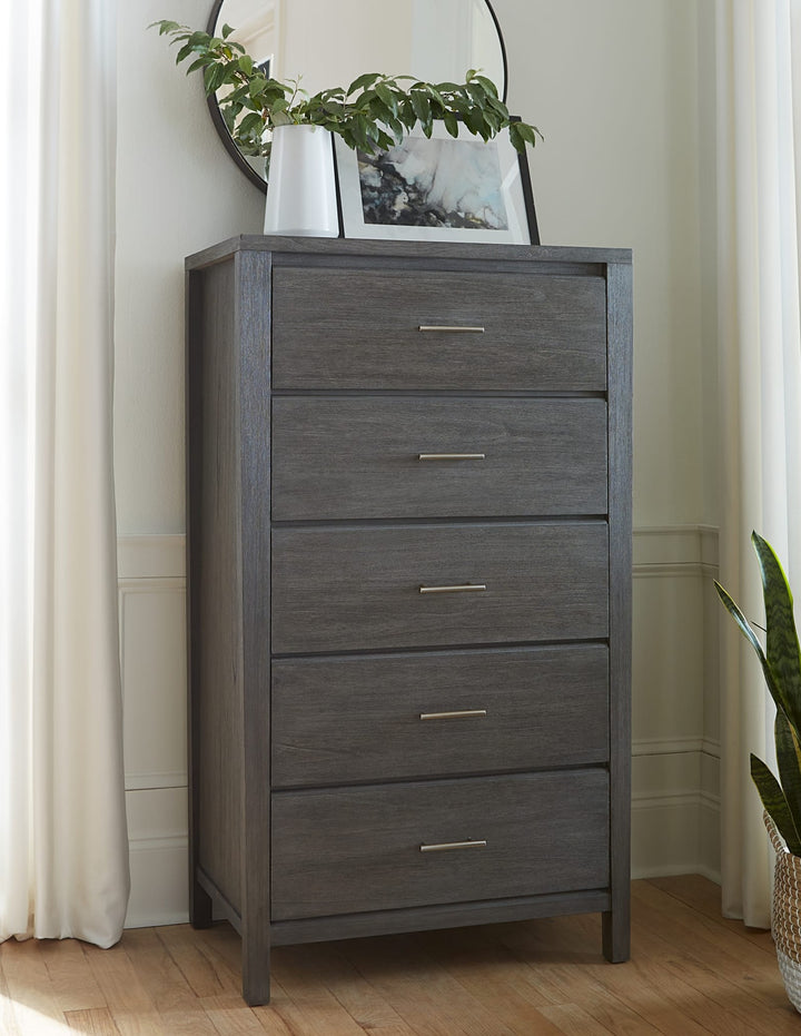 Nevis Five Drawer Chest in Sharkskin — styled in a room