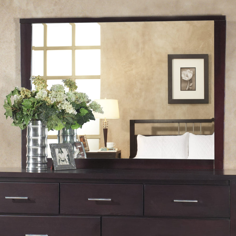 Nevis Landscape Mirror in Espresso — styled on the matching dresser (sold separately)