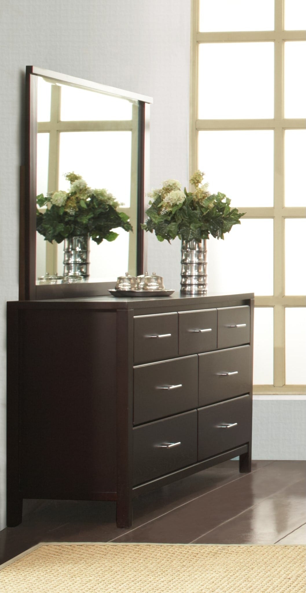 Nevis Landscape Mirror in Espresso — styled on the matching dresser (sold separately)