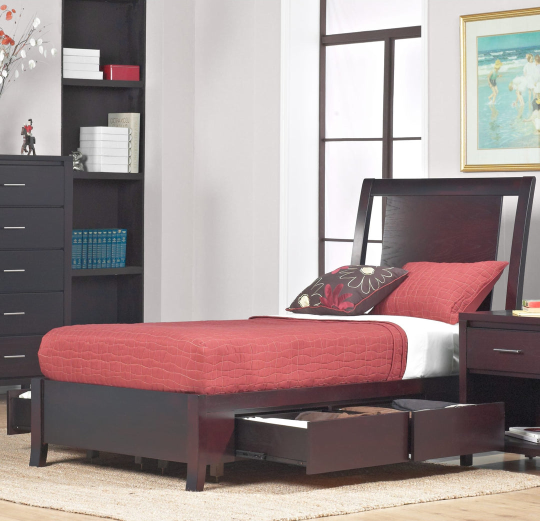 Nevis Low Profile Storage Bed in Espresso styled in a bedroom