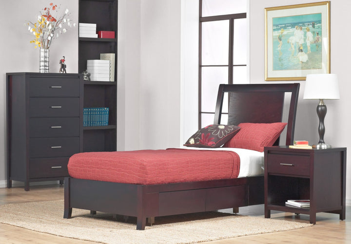 Nevis Low Profile Storage Bed in Espresso styled in a bedroom