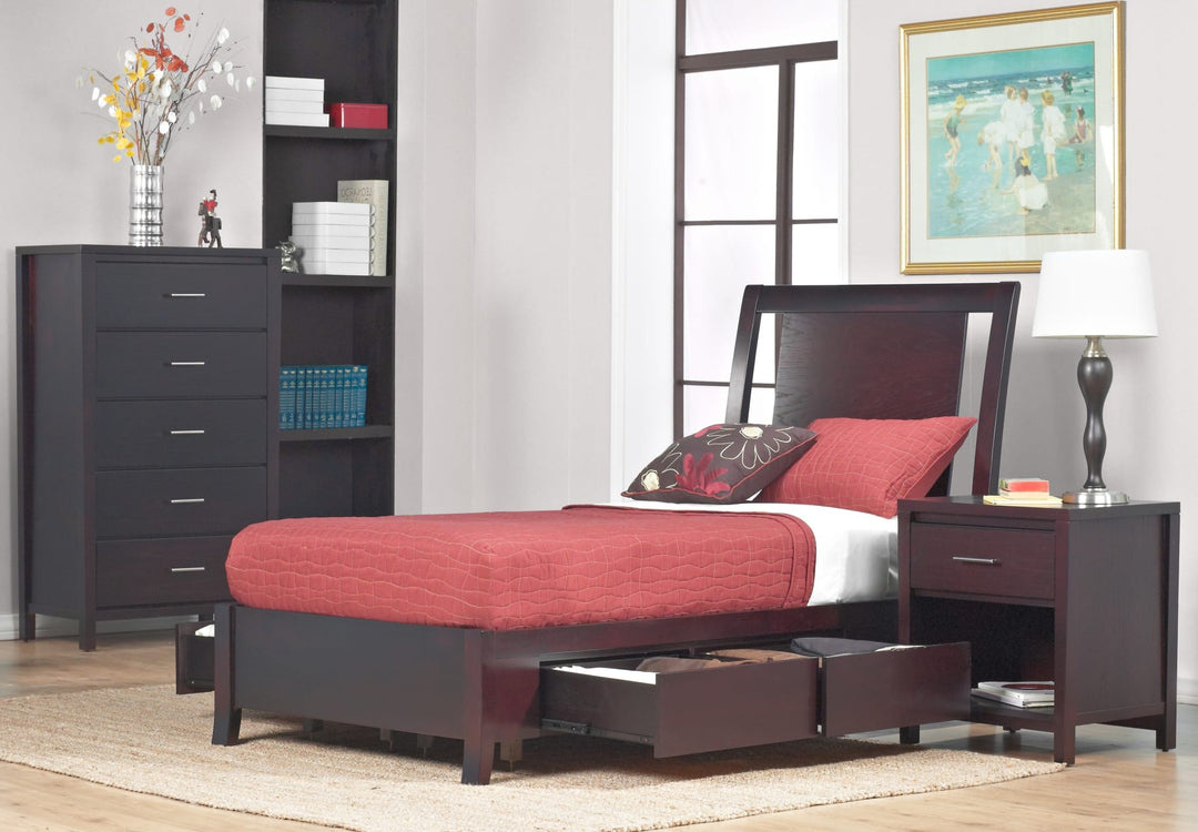 Nevis Low Profile Storage Bed in Espresso styled in a bedroom