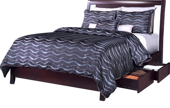 Nevis Low Profile Storage Bed in Espresso — white background, angled view with drawers open