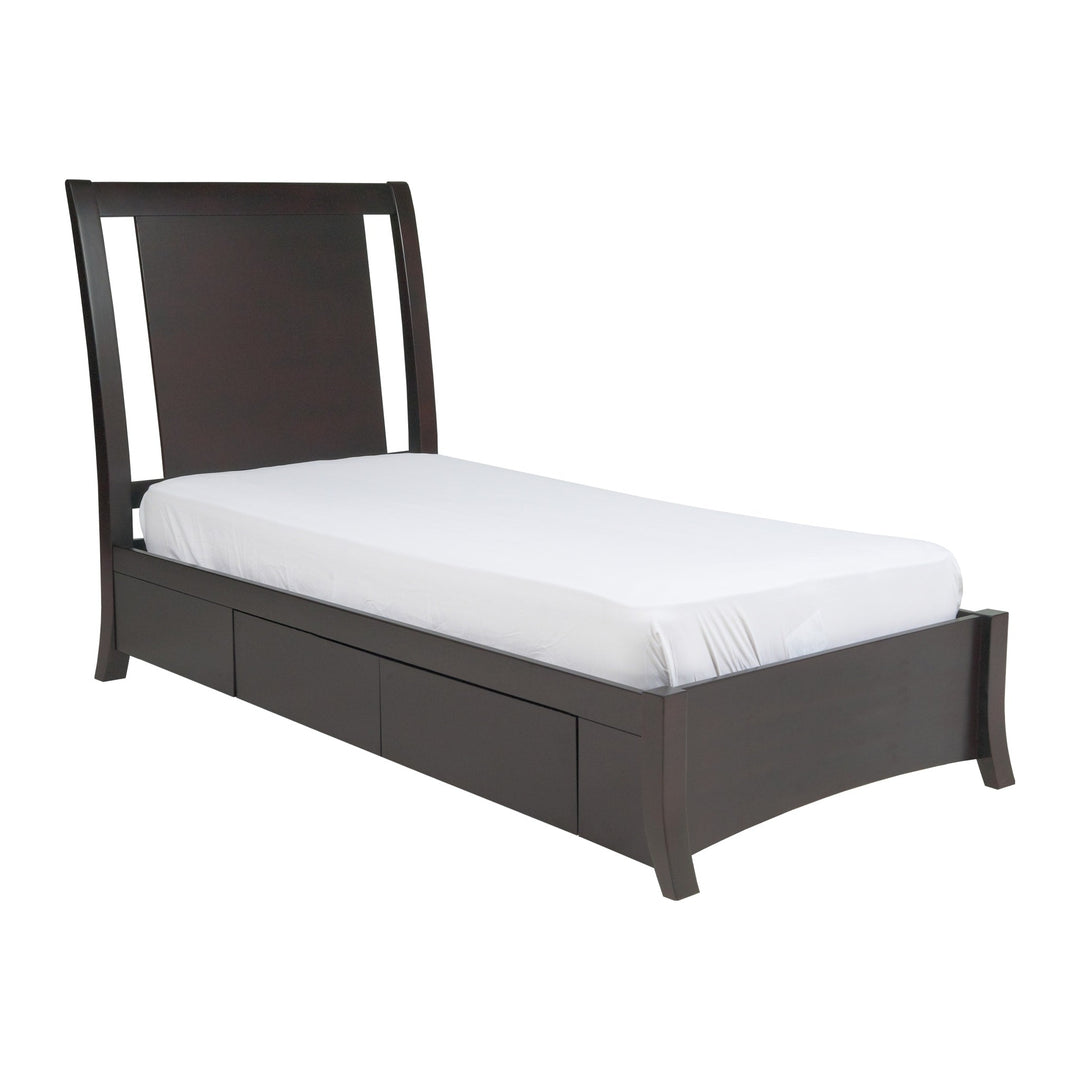 Nevis Low Profile Storage Bed by Modus in Espresso — white background, angled view