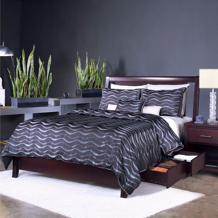 Nevis Low Profile Storage Bed in Espresso styled in a bedroom